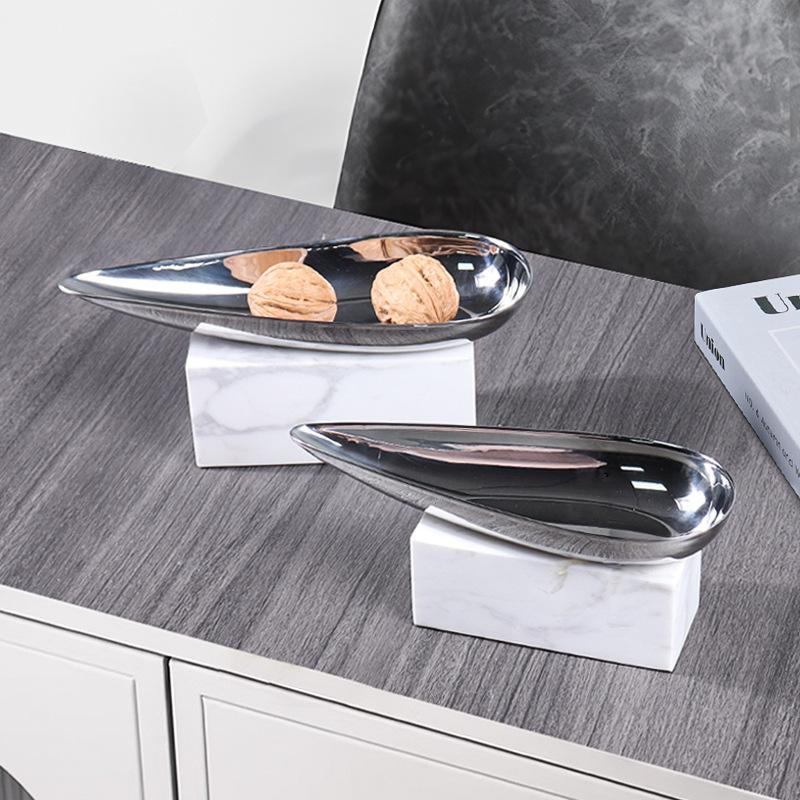 Marble Base Decorative Tray, Conical Stainless Steel Tray, Metal Trays, Home Living Room Coffee Table Desktop Storage Tray