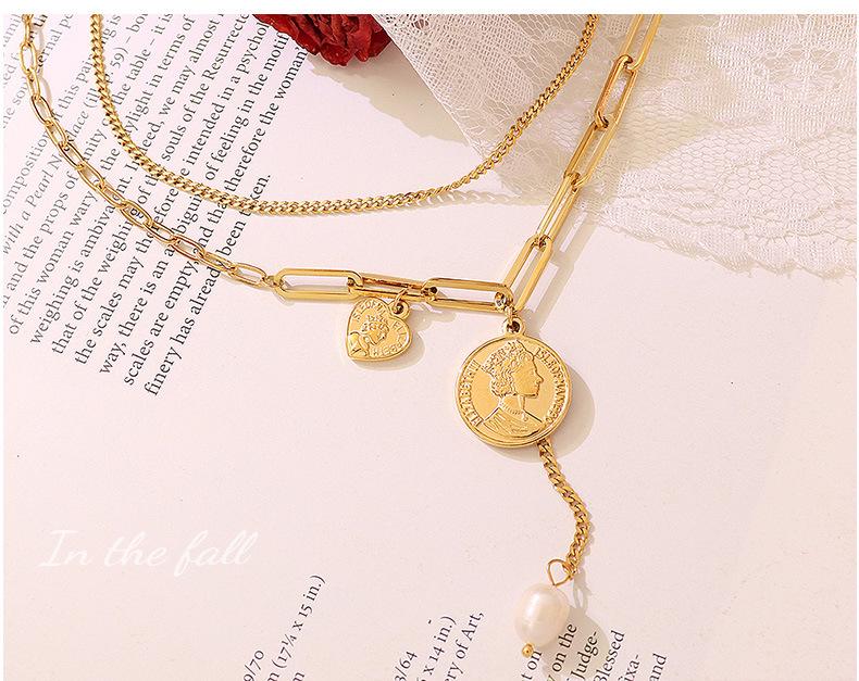Retro Double-Layer Portrait Pendant Necklace, 18K Gold-Plated Titanium Steel, European & American Design, Clavicle Chain