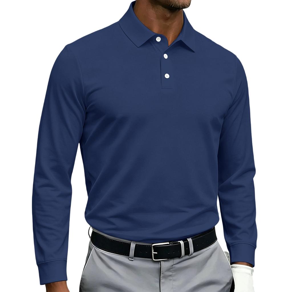Men's Quick Dry Breathable Golf Polo Shirt Long Sleeve Button Collar Athletic Casual Shirt Sportswear