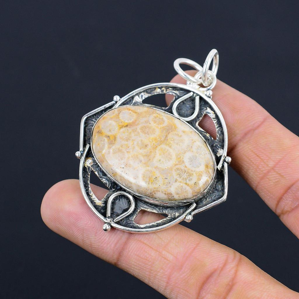 925 Silver Fossil Coral Gemstone Ethnic Unique Root Chakra Wife Pendant Jewelry
