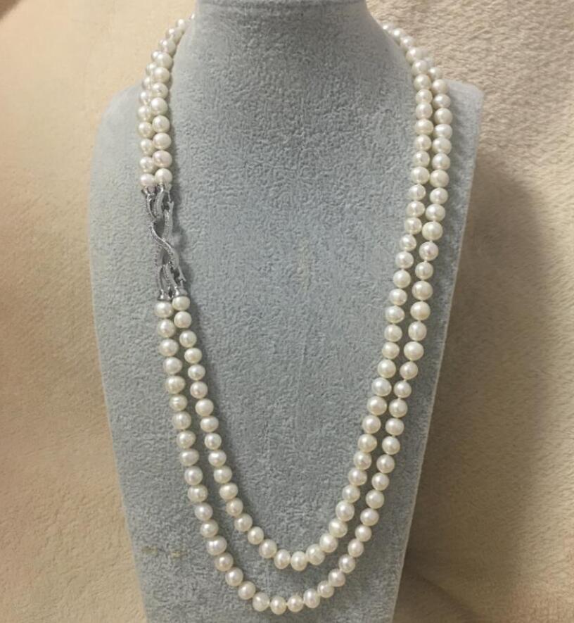 Damenmode 2 Reihen natürlicher weißer Süßwasserperlen 7-8mm Halskette 23 Zoll