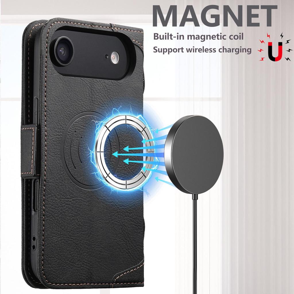 iPhone 17 Pro/Samsung Magnetic Leather Flip Case with Wireless Charging, Card Slot, and Stand