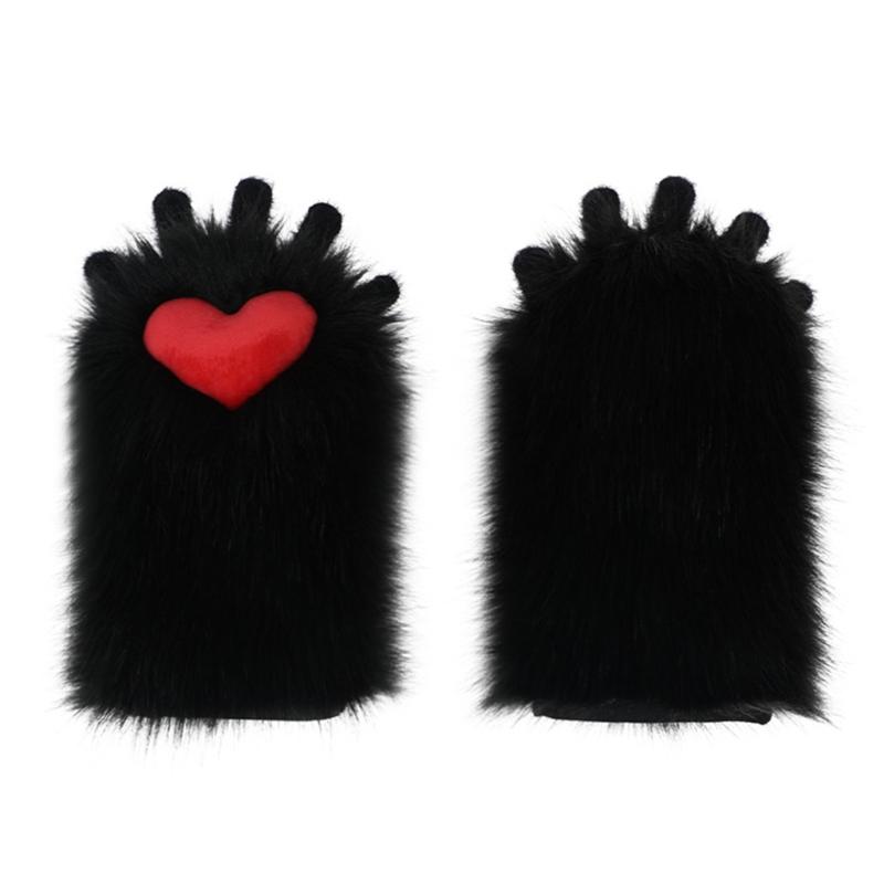 Plush Teens Cats Paw Glove Halloween Party Mitten Teenager Half Finger Glove