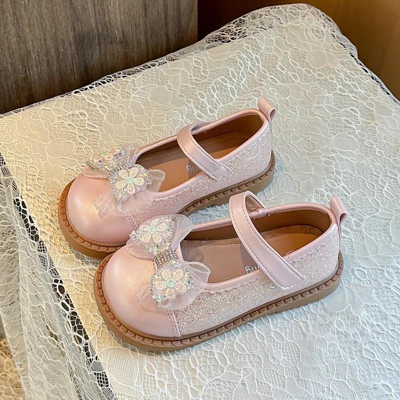 

Kids Leather Shoes Soft Sole Girls Princess Flat Shoes with Mesh Bow 2024 New Fashion Children Dance Shoes Round Toe Temperament 26 розовый