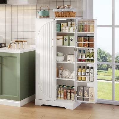 60×35×128cm, Wit, Keukenkast met LED-sensorlicht, In hoogte verstelbare planken, Dubbele deur met opbergvak, Anti-kantel apparaat