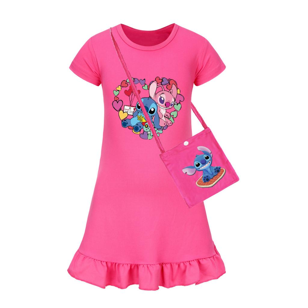 Girl Stitch Pattern Short Sleeve Nightdress With Ruffle Hem For Kids Fashion