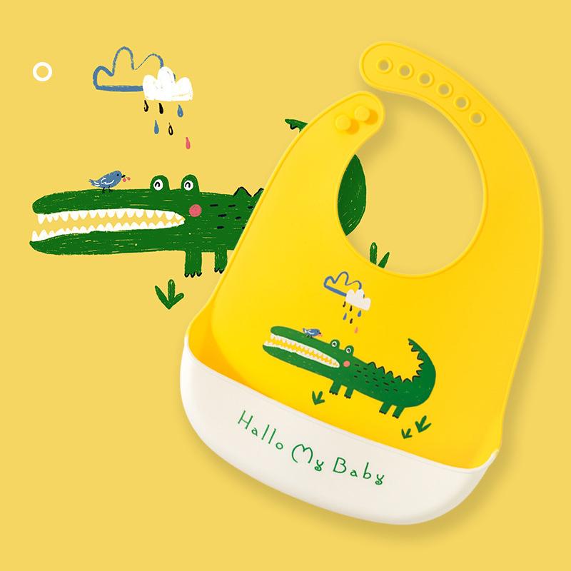 Cute Baby Bibs Waterproof Silicone Bib Feeding Infant Newborn Cartoon Apron ToddlerX Adjustable Bib Burp Cloths with Pocket