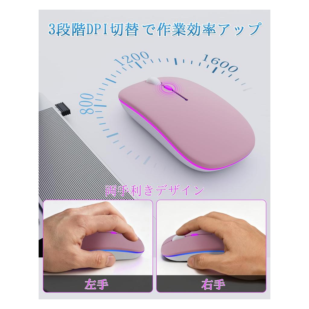 SaikoMausu Wireless Mouse, Bluetooth 2.4GHz, Quiet, Slim, High-Precision, Symmetrical, Durable, Lightweight, Easy to Grip, Portable, Type-C,