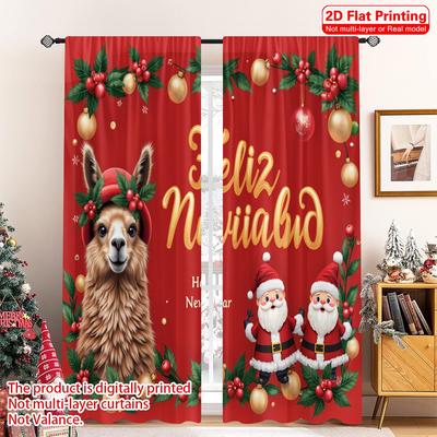 2ks 2D plochý tisk Veselé Vánoce Populární okenní závěsy Feliz Navidad Lama Santa Látka Bez elektřiny 0 Použít pro