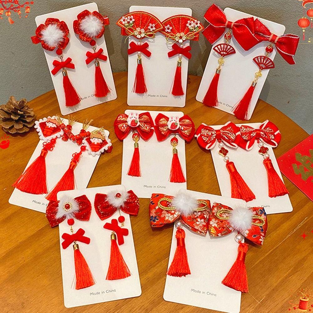 Tassel Children Red Bow Hairpin Plush Ancient Style Hairpin Lovely Chinese New Year Headwear Girls