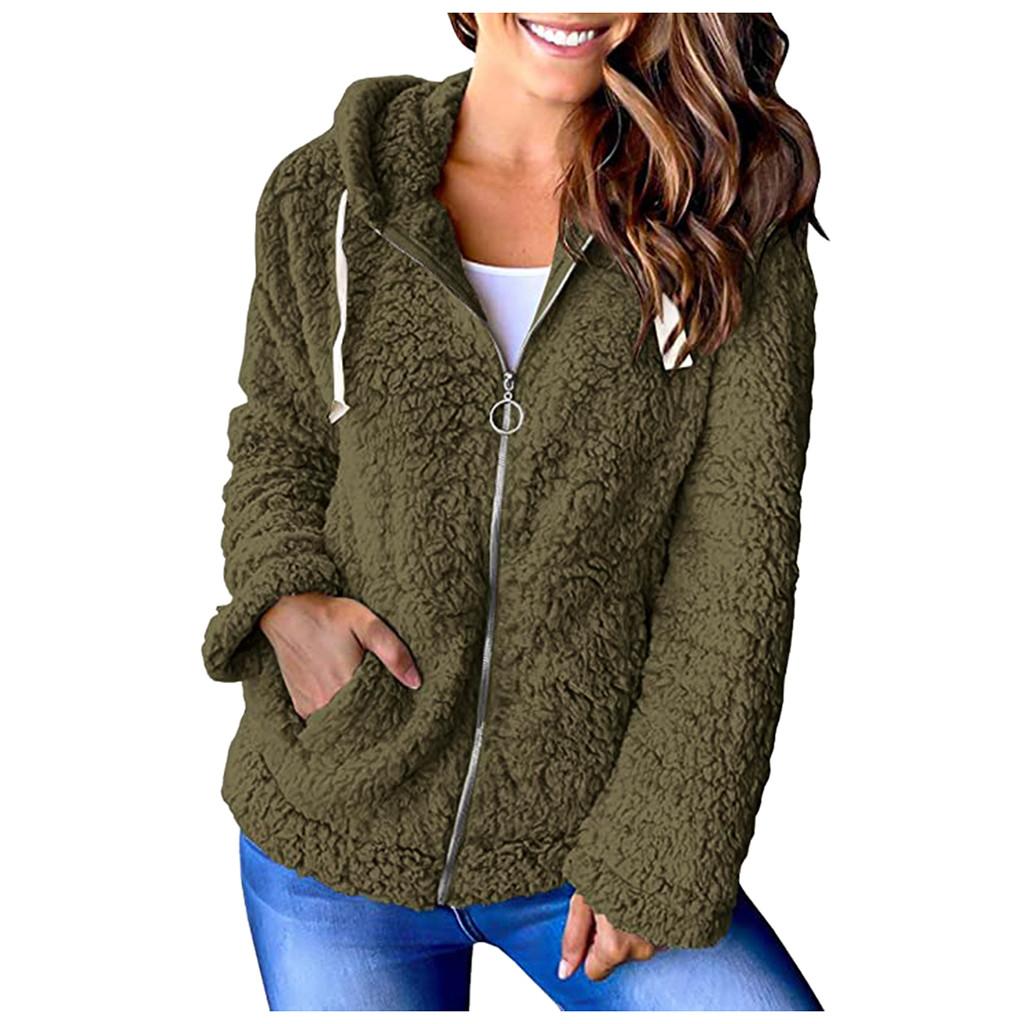Womens Long Sleeve Jacket Zip Up Hooded Chunky Pockets Coat Tops