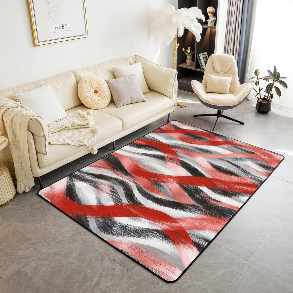 Modern Abstract Curve Print Area Rug, Black Pink & White Design Non-Slip Floor Mat for Living Room Bedroom Home Decor Carpet