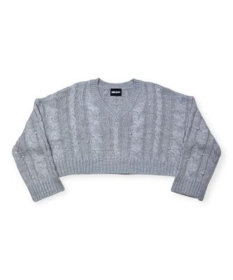 Bonseullipi Snow Pearl Stud Cable V-Neck Crop Knit (Gray)