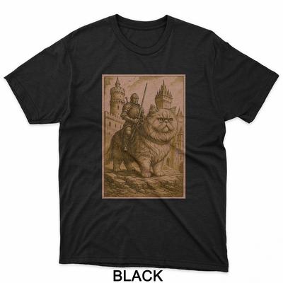 Medieval Knight Riding a Persian Cat Rider Surreal Feline T-Shirt