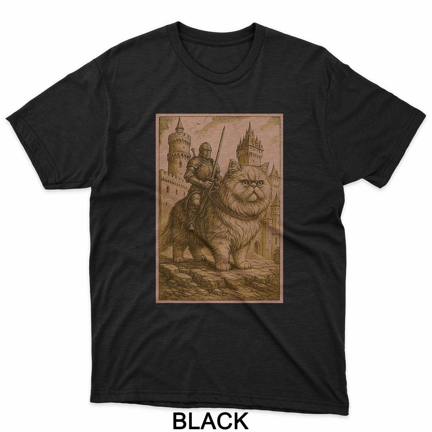 Medieval Knight Riding a Persian Cat Rider Surreal Feline T-Shirt L