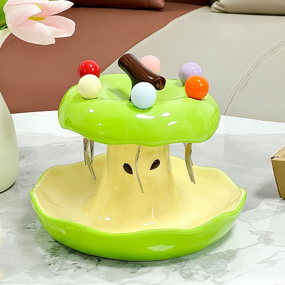 Ceramic Holder Colorful Fruit Fork Plate Set Fruit Fork with Fruit Plate Set  Table Ornaments