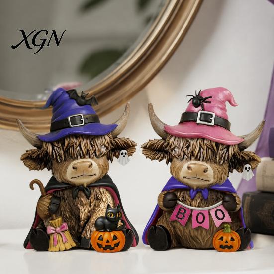 Halloween Table Decorations 2 Pcs Highland Cow Figurines, Boo Pumpkin Ghost Statue with Decorative Figurines Witch Hat, Wooden Scottish Ornament