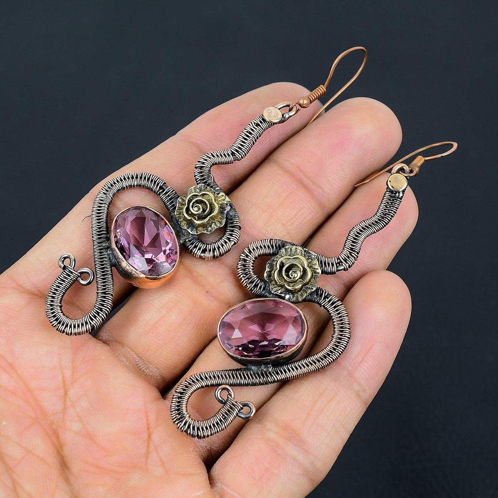 Pink Kunzite Earrings, 999 Copper Wire Wrapped. Jewelry, Gift For Women Handmade Earrings Gemstone Jewelry