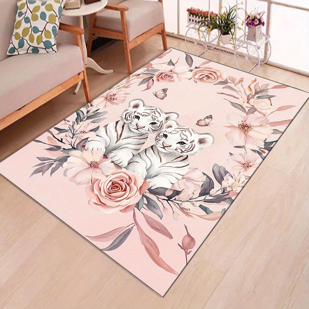 Tigers and Flowers Crystal Velvet Area Rug - Durable Polyester Chair Mat for Bedroom, Cloakroom, Reading Room, Living Room, and