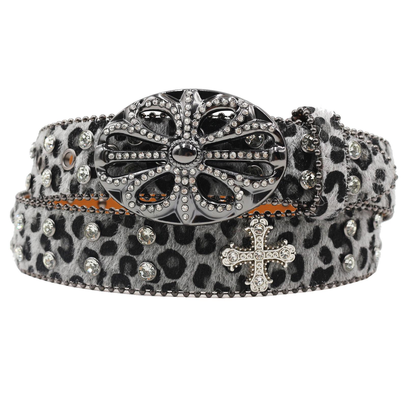 Global Finds Y2K Retro Luipaardprint Strass Lederen Riem - Millennial Stijl Jeans Accessoire 115cm
