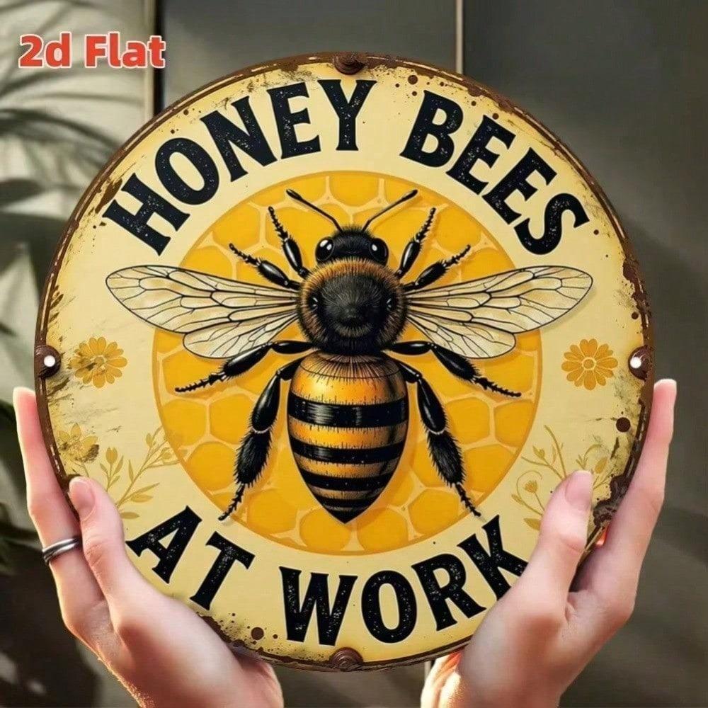 Bees Rustic Metal Wall Art Decor 2D Round Honey Bee Sign Weather Resistant For Indoor Outdoor Farm House