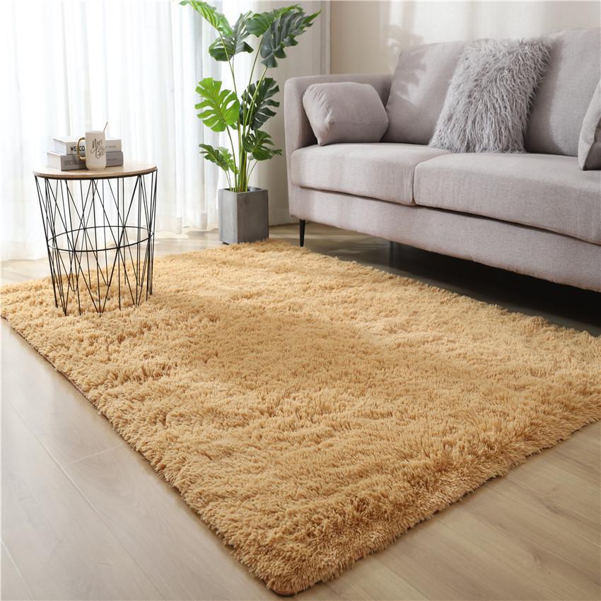 Long Pile Silk Wool Carpet - Full Coverage Bedroom and Living Room Rug, Solid Color