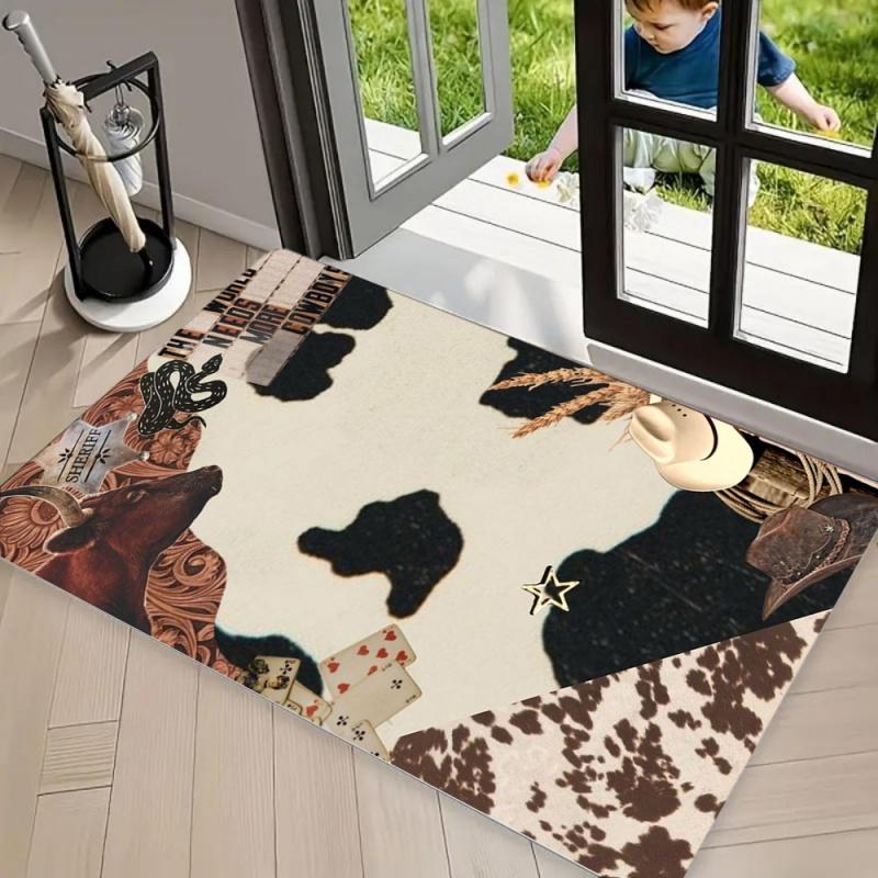 Black White Cow Print Area Rug Carpet Non Slip Floor Mat, Western Vintage Jewel Bow Print Water Washable Doormat