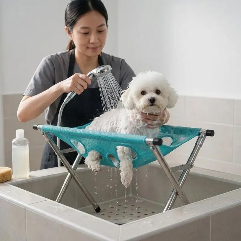 Folding Pet Grooming Hammock Quick Drying Anti-Scratch Dog Grooming Table Adjustable Detachable Pet Washing Station Picking Ears