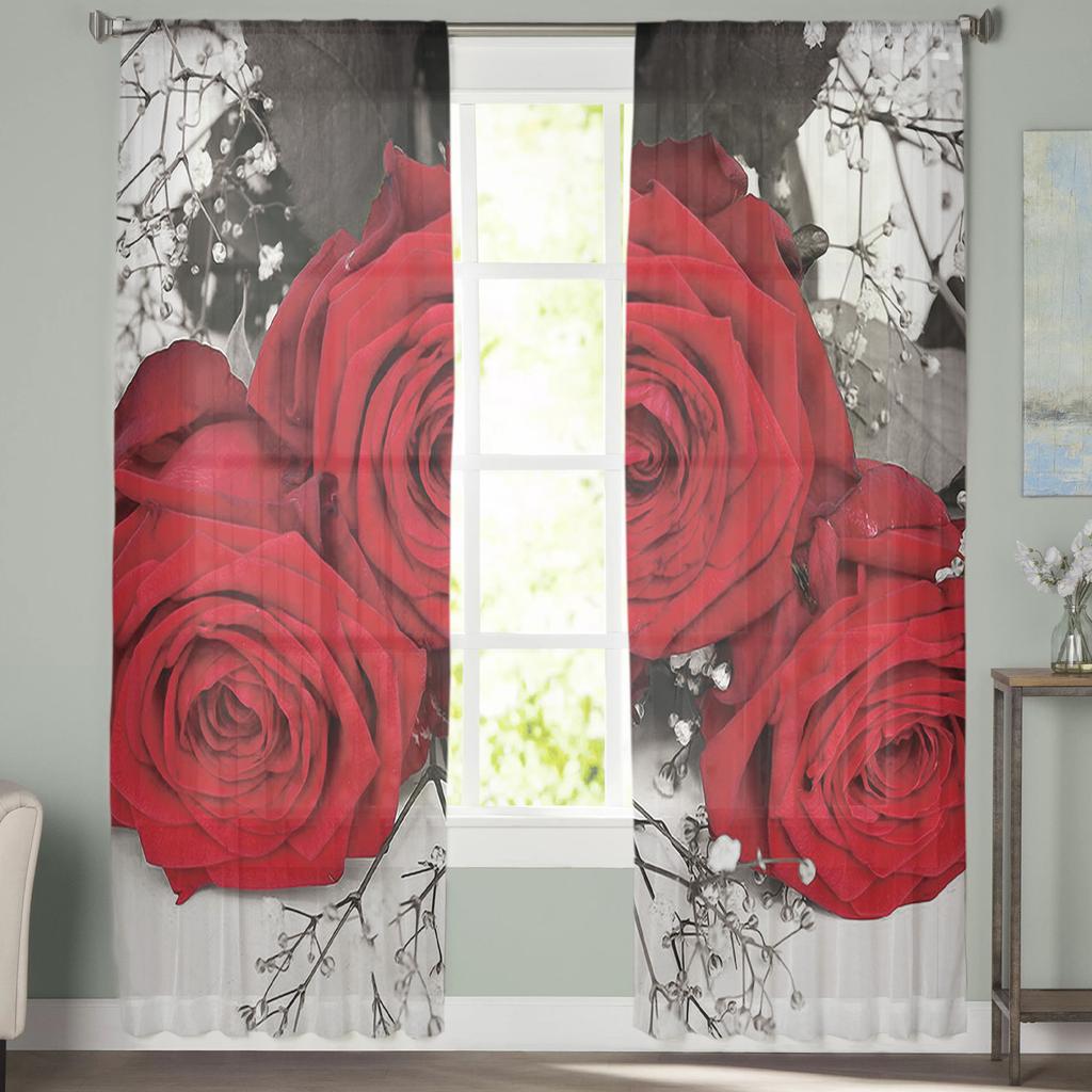 Red Rose Flower Modern Curtains For Living Room Transparent Tulle Curtains Window Sheer For The Bedroom Accessories Decor