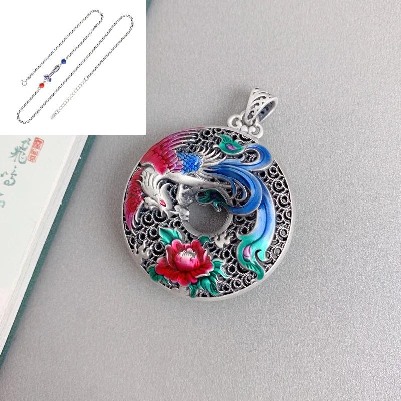 Neu im Charms Chinesischer Stil Geschnitzt Bunt Emailliert Phönix Pfingstrose Blume Halskette Für Frauen Runder Hohler Anhänger Schmuck