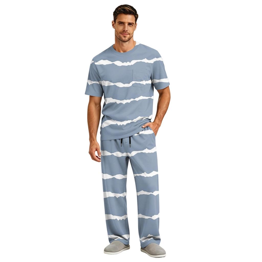 Men's Short Sleeve Pajama Set with Long Pants, Button Crotch, Elastic Waist Drawstring - Comfortable Sleepwear