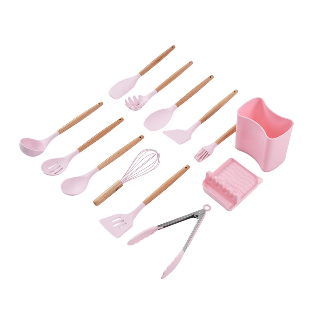 13Pcs Silicone Utensils Set Good Insulation Wooden Handle Food Grade Silicone Nonstick Utensils Set for Home Camping