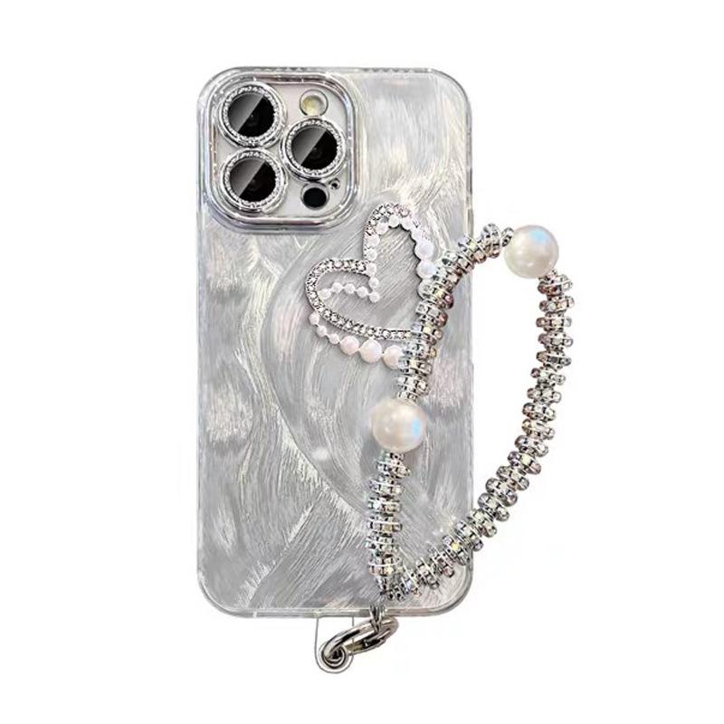 Pearl Heart iPhone Case for Women, Full Coverage with Drop Protection, Fits Apple 16/17 Pro Max, Includes Bracelet