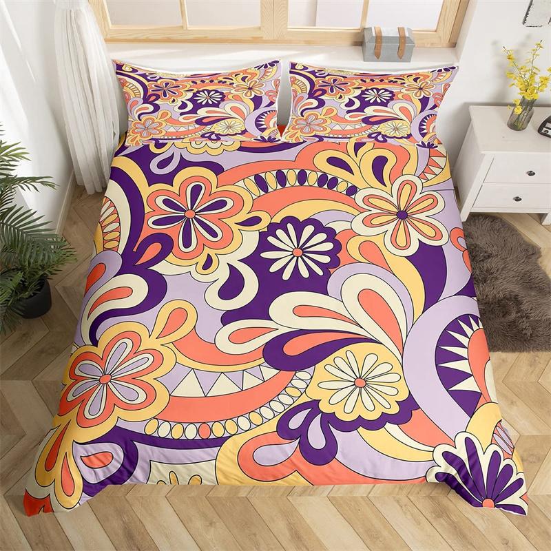 Retro Hippie Flower Duvet Cover Rainbow Floral Bedding Set Polyester Cartoon Ghost Comforter Cover Set 60S 70S Groovy Bedclothes