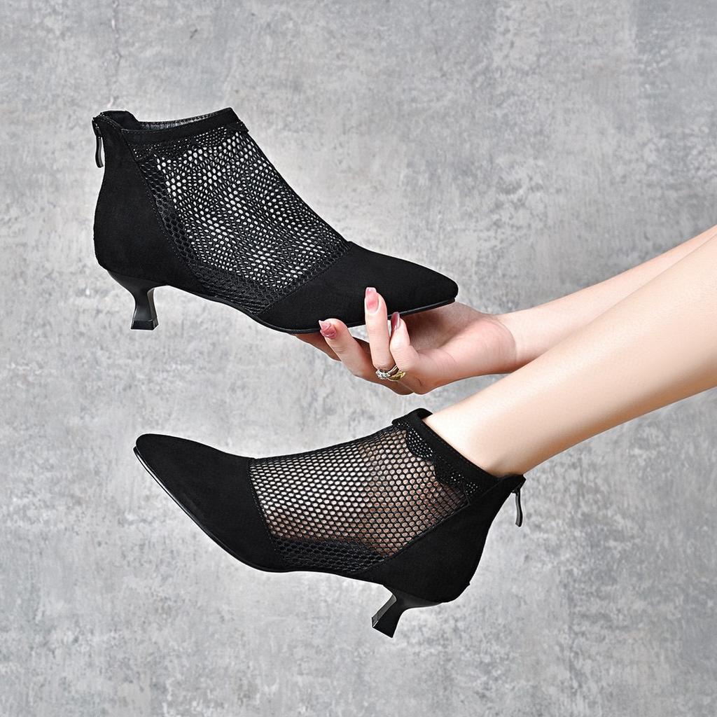 Pointed High Heels Women's Spring and Summer Fashion Mesh Fine Heel Single Shoes Rear Zipper Fashion Shoes Women's Mesh Shoes