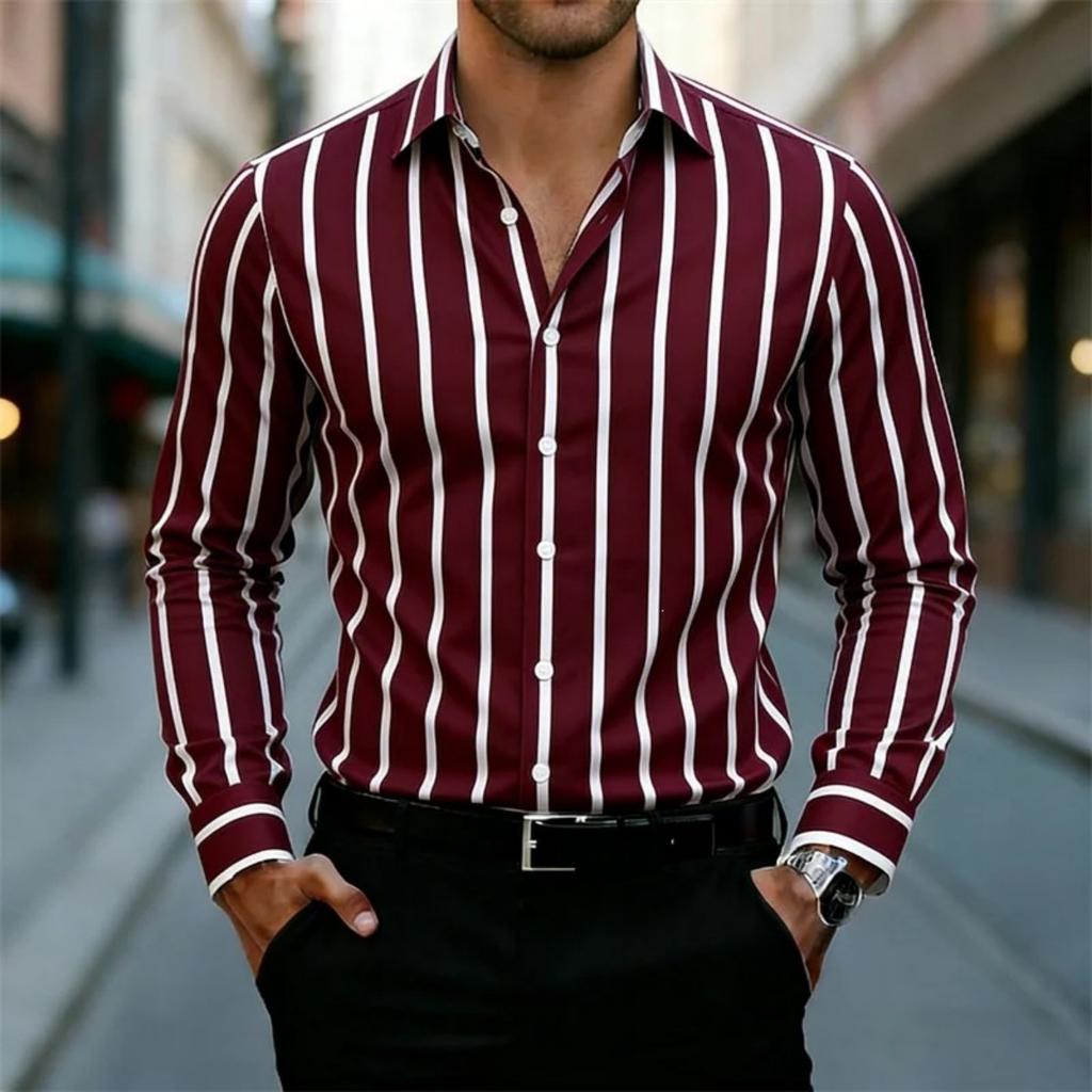 Chemise rayée à manches longues, tenue formelle décontractée élégante pour hommes, élégante et polyvalente.