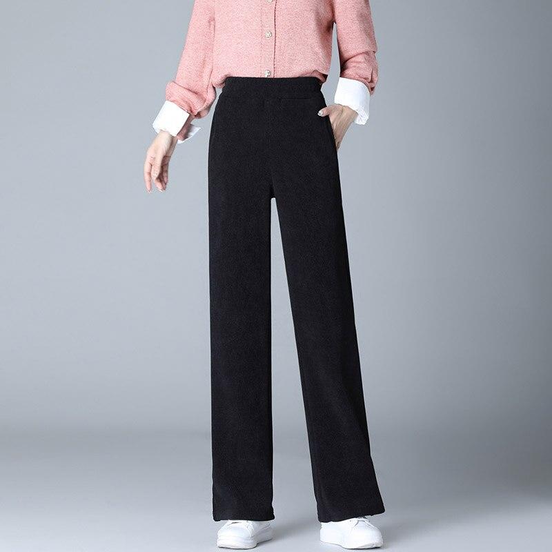 Herbst Winter Frauen Verdickung Warme Elastische Hohe Taille Solide Vintage Lose Beiläufige Mode Weibliche Gerade Hosen Woolen Hosen