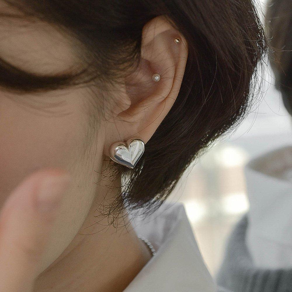 925 silver ball earrings, silver ball ring earrings, plump heart one-touch earrings