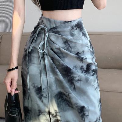 Mode Snörväska Höft Långkjolar Kinesisk Stil Tuschmålning Dam Sommar Vintage Hög Midja Chic Oregelbunden Slitskjol