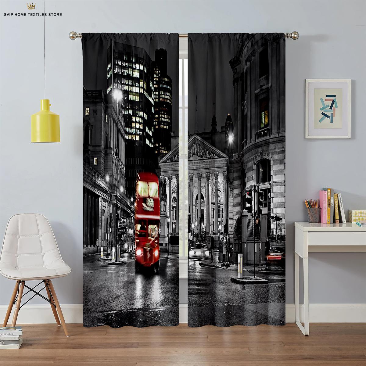 

American Vintage Black And White City Building Bus 3D Print Printingcurtains, Ideal For Bedroom Space, Living Space, Study Room, Ornamental W50X130H(CM)X2PCS&Rod pocket