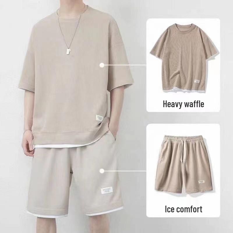2023 Men's Ice Silk Waffle Casual Summer Set - Short Sleeve T-Shirt & Matching Plus Size Outfit