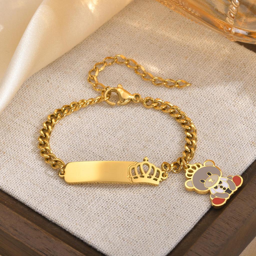 Free Personalize Baby Hollow Crown Bear Bracelet Anti Allergy Stainless Steel Custom Name ID Newborn Infant Baptism Cute Gifts