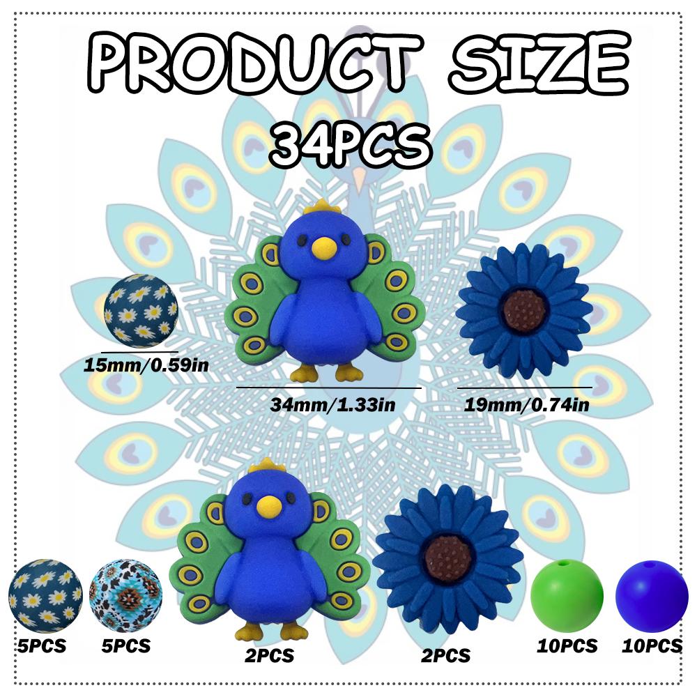 

34Pcs Animal Daisy Silicone Beads Set - Suitable for DIY Keychains, Bracelets, Decorative Pens, and Pendants - Perfect as a Gift