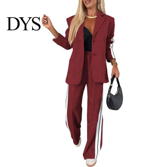 Women Coat Pants Suit 2 Pcs/Set Lady Formal Set Turn-down Collar Single-breasted Long Sleeves Button Decor Trousers Jacket Loose Striped Wide