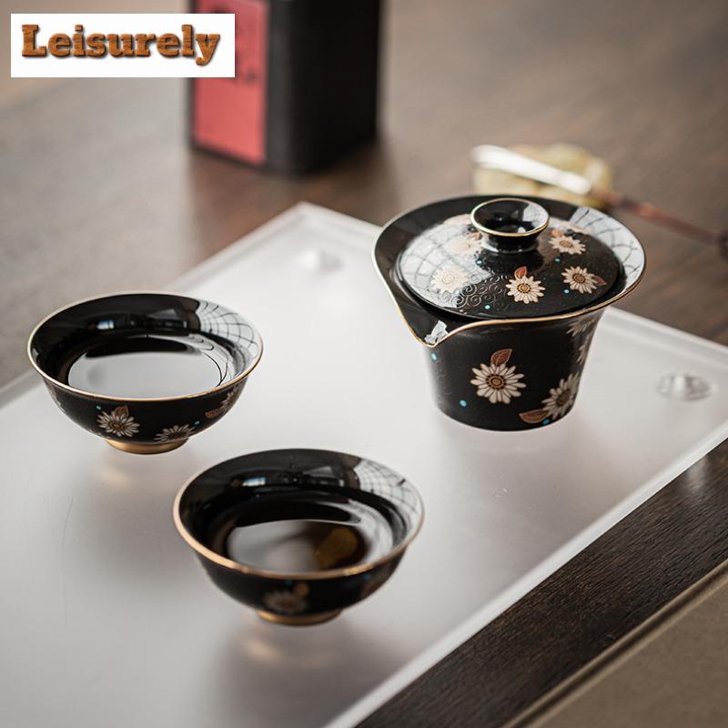 120ml Gold And Silver Inlayed Pattern Of Sunflower Tea Set Complete Set Retro Tea Ceremony Set Teapot And Tea Cup Set Teaware