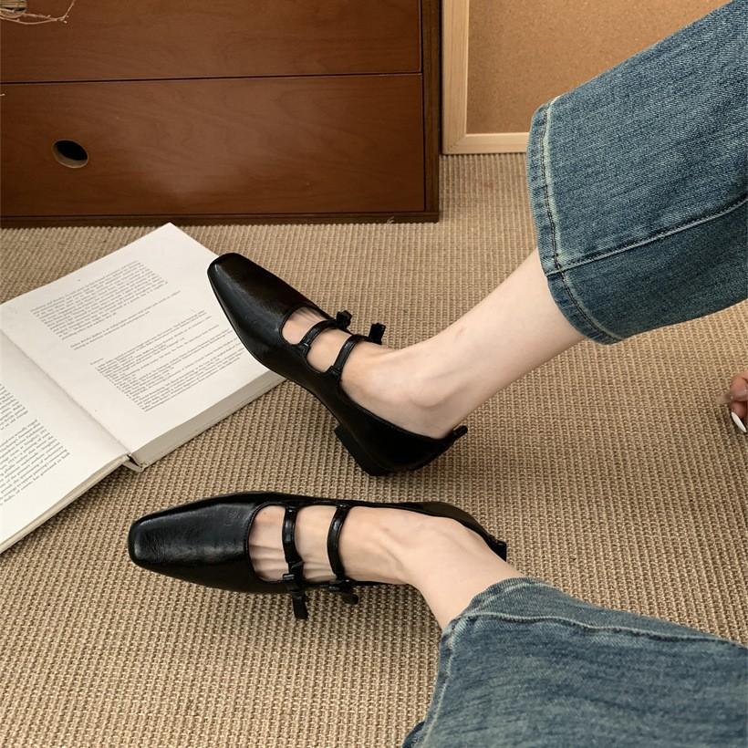Spring 2025 New French Mary Jane Shoes Double Bow Square Head Shallow Mouth Temperament Flat Bottom with Skirt Single Shoes