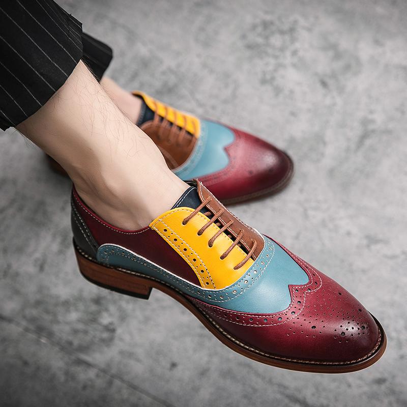 Fashion Men Retro Block Shoes Fashionable  Comfortable Patchwork Leather Shoes Men British Gentleman Social Shoes Men Sizes 38-48