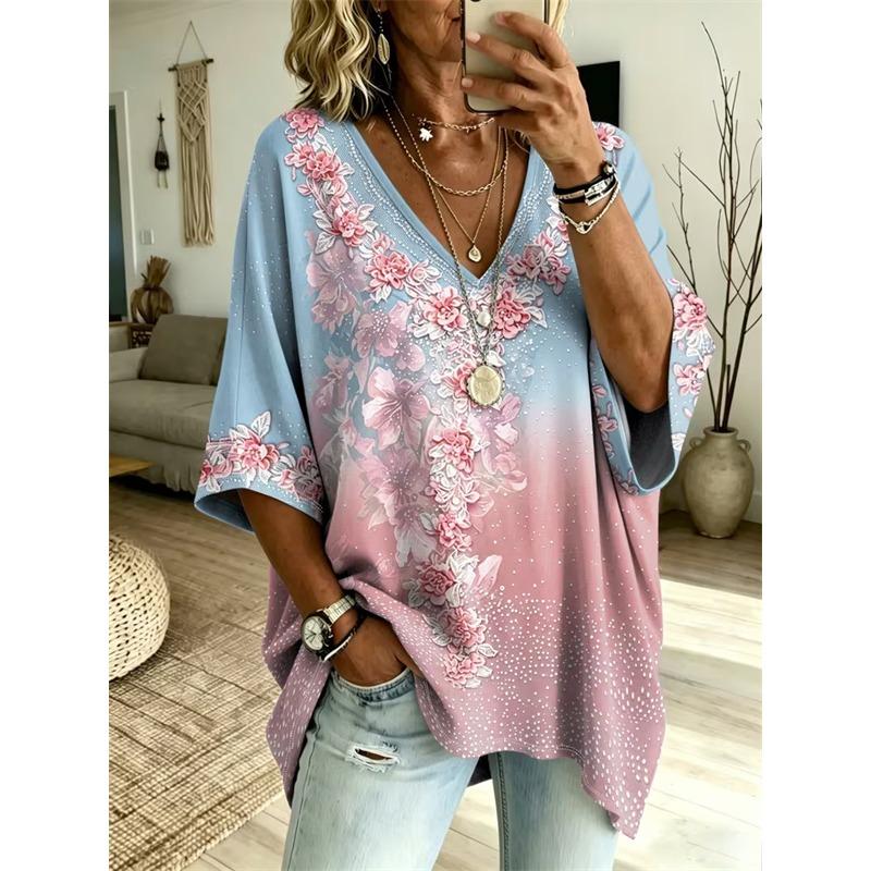 Printed Plus-Size Women's V-Neck Batwing Sleeve T-Shirt Bohemian Ethnic Print Loose Top Summer Comfortable Breathable Daily Commute Casual