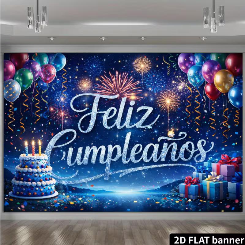 2D Spanish Birthday Fireworks & Balloon Photography Background