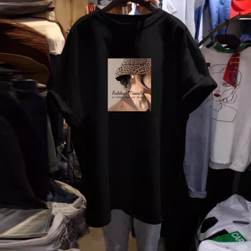 

Футболка с круглым вырезом и короткими рукавами для женщин на лето, новая свободная повседневная футболка средней длины из хлопка с принтом XXXL чёрный